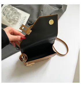 Detail shot of the brown and black square bag showing inner lining and golden buckle