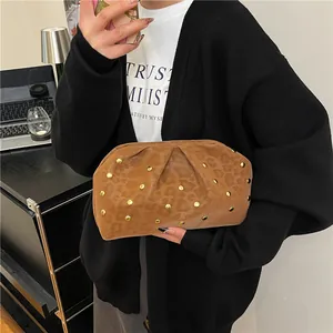Chic brown leopard print pleated clutch bag with gold rivets and cloud-shaped design