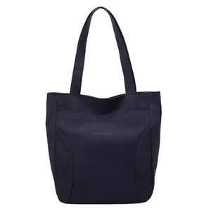 Minimalist large capacity dark blue canvas tote bag with Midolai embroidery branding