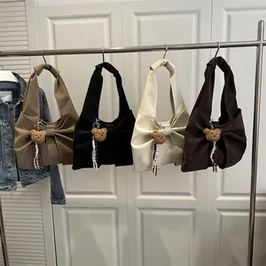 Women's Retro Bowknot Underarm Bag Matte Suede Style Shoulder Bag With Plush Bear Pendant Large Capacity Bow Handbag