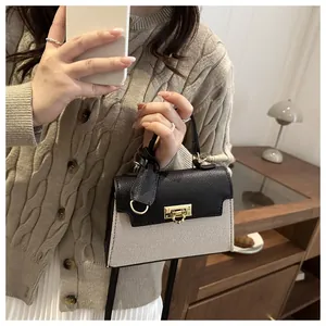 Detailed close-up of retro color-block handbag with gold twist lock and crossbody strap