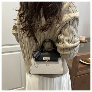 Detail of color-block mini handbag with canvas texture, leather strap, and golden lock