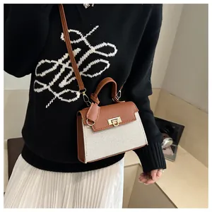Detail view of contrast stitch canvas and leather handbag with gold metal clasp on model