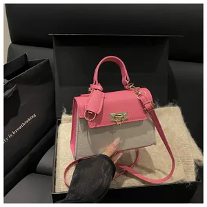 Detail of color-block mini handbag with gold metal clasp on a premium gift box set