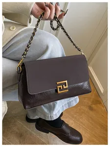 Detailed view of dark brown crossbody bag with metal chain strap and unique mixed texture