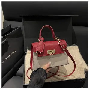Detail of red lychee texture and beige woven pattern on fashion handbag with gold lock