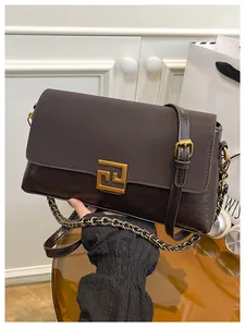 Detailed close-up of dark brown leather shoulder bag with a gold metal buckle and chain strap