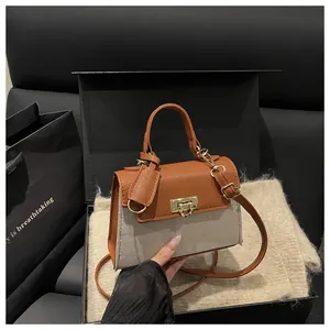 Retro contrast small square bag in a gift box with gold metal lock and leather handle