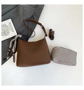 Brown lychee leather bag set with floral silk scarf and striped inner pouch
