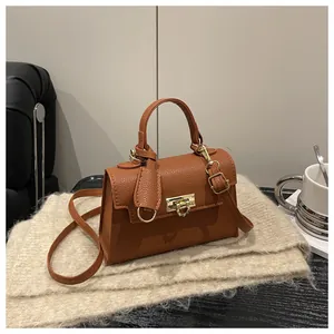 Detailed view of brown lychee grain texture and gold crown lock on the small handbag