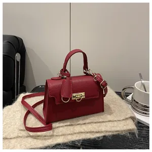 Close-up of red lychee texture leather handbag featuring a gold square twist lock