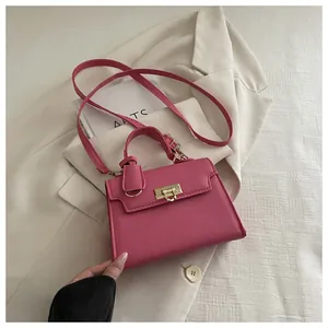Detailed view of pink pebble grain leather bag with elegant gold square metal buckle clasp