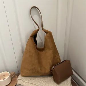 Vintage suede tote bag set with large capacity shoulder strap and inner pouch