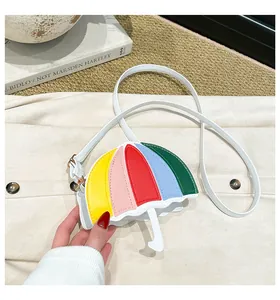 Detail of creative umbrella-shaped crossbody bag with vibrant five-color patchwork design