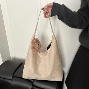 Retro beige large capacity shoulder bag with brown plush bear pendant charm