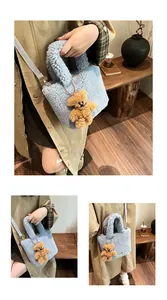 Detail of light blue fuzzy bucket bag with plush bear charm and crossbody strap