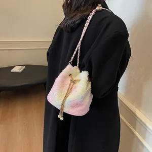 Cute gradient plush bucket bag with golden chain strap and pearl drawstring details