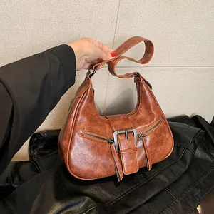 Sac Sous le Bras en Cuir PU Vieilli Vintage pour Femmes Sac à Épaule Rétro Croissant Avec Grosse Boucle et Zips