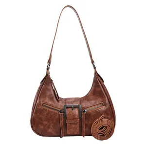 Sac sous le bras marron vintage avec fermetures éclair et bandoulière réglable pratique