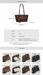 Gedetailleerde maatspecificaties en materiaalweergave van de grote shopper in vier kleuren