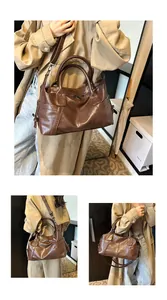 Detail of dark brown leather tote showing adjustable strap and vintage texture collage