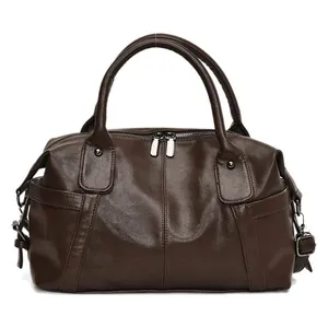 Dark brown large capacity tote bag in vintage faux leather with top handles and strap