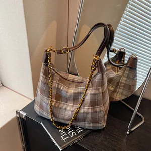 Petit Sac à Épaule Vintage à Carreaux pour Femmes Sac Hobo en Laine Avec Chaîne Dorée Sac Sous le Bras Rétro Cadeau