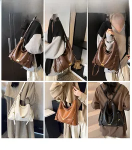 Collage of large faux leather tote bags showing various colors and multi-way carrying styles