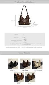 Detailed size guide for large PU tote bag showing dimensions 33x34x11cm and strap length