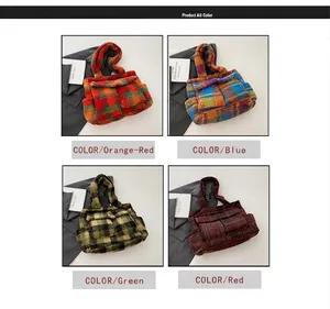 Detailed view of four color options for the plush checkered tote bag in a 2x2 grid