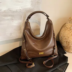 Women Large Capacity PU Leather Hobo Shoulder Bag Vintage Urban Simple Tote Handbag With Gold Hardware Adjustable Strap