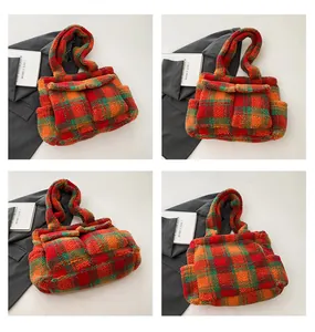 Detailed views of a plush tartan tote bag with dual front pockets and checkered pattern