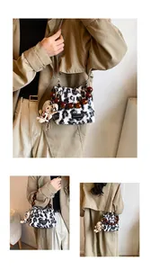Three-way view of leopard faux fur bucket bag with beaded handle and chain strap