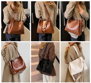 Model display of large capacity tote bag with dual shoulder straps in three colors