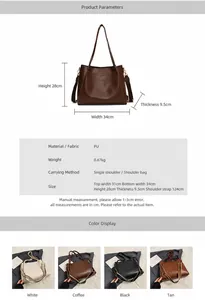 Detailed size specifications and color options for the high-capacity PU leather tote bag