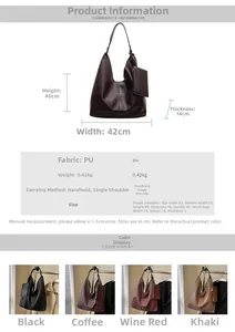 Detailed size chart and specifications for large soft PU leather tote bag with small pouch