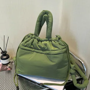 Women Quilted Puffer Tote Bag Padded Drawstring Cloud Shoulder Bag Lightweight Nylon Large Capacity Casual Handbag