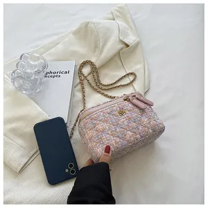 Mini borsa a secchiello in tweed con catena dorata accanto a smartphone per le dimensioni