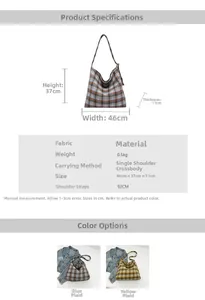 Detailed size specifications for large plaid tote bag showing dimensions and two colors