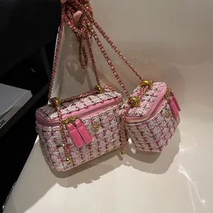Borsa a Tracolla in Tweed da Donna Mini Vanity Case Borsa a Spalla Quadrata Con Fiore in Metallo Cerniera Secchiello