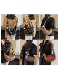 Detail shots showing the trendy croissant-shaped shoulder bag in multiple colors and angles