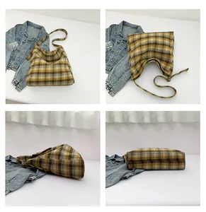 Detailed four-view showcase of brown plaid tote bag with wide strap and spacious interior