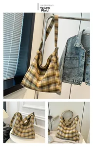 Detail of yellow plaid tote bag with wide straps and high-capacity canvas material