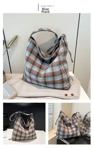 Detailed view of blue plaid hobo bag with woolen texture and stylish checkered pattern