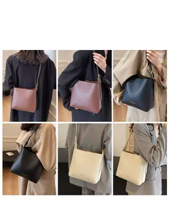 Three bucket bags in black, brown, and off-white shown with models for daily outfit styling