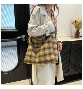 Close-up of yellow and grey plaid tote bag texture and material on a white coat