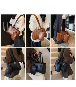 Detail shots of minimalist PU leather tote bag with matching mini neck pouch and adjustable strap