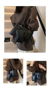 Detailed views of a black leather tote bag with small pouch and slim shoulder straps