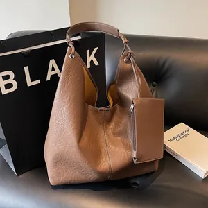 Large Capacity Soft PU Leather Tote Bag For Women Vintage Hobo Shoulder Bag With Small Pouch Casual Commuter Handbag