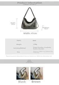 Detailed size specifications for large denim tote bag showing dimensions and colors